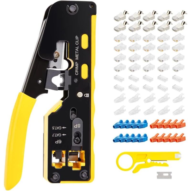 foto del prodotto rj45 rj12 crimper strumento di crimpatura di rete professionale, connettore di rete schermato cat5 5e cat6 cat7, con utensili di taglio