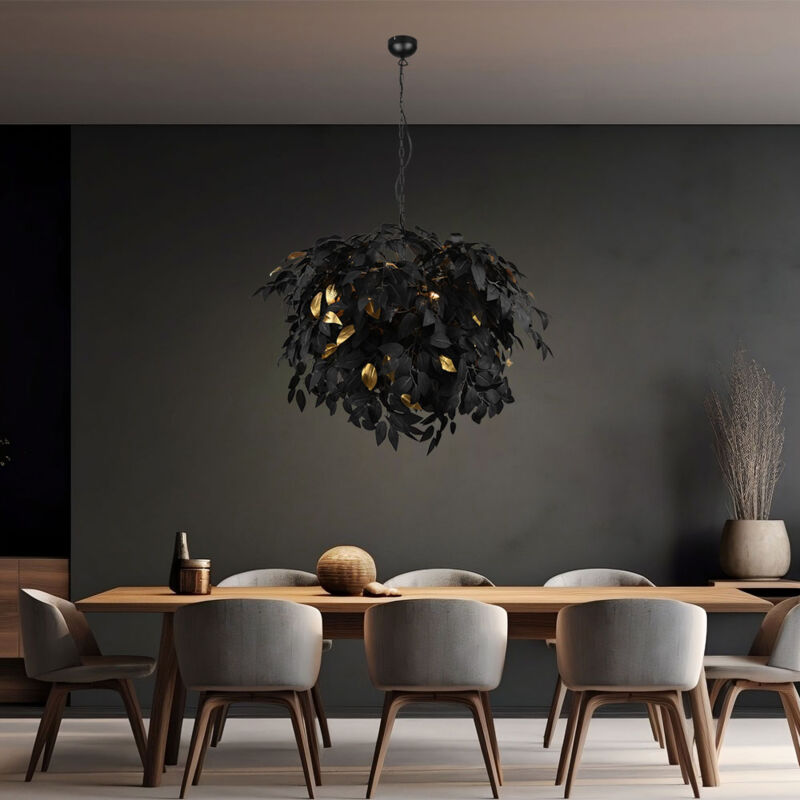 foto del prodotto rl lampada da soffitto lampada da soggiorno lampada a foglia nera lampada a sospensione lampada da camera nera, oro, metallo, 4x prese e14, dxh