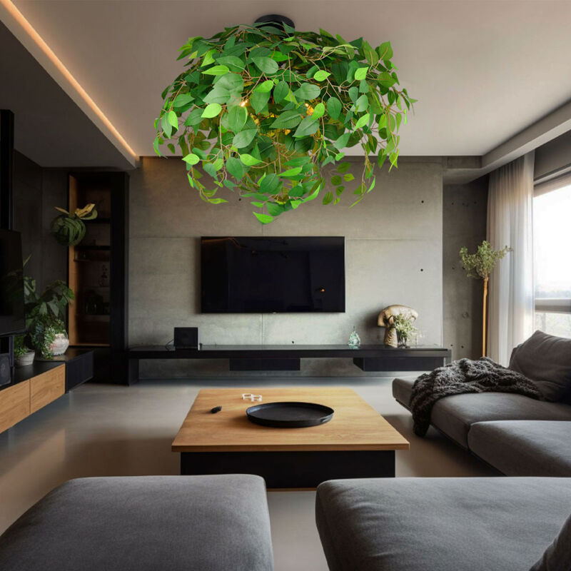 foto del prodotto rl lampada da soffitto per sala da pranzo lampada da soffitto per soggiorno lampada da cucina, metallo plastica verde, design a foglia 3 fiamme