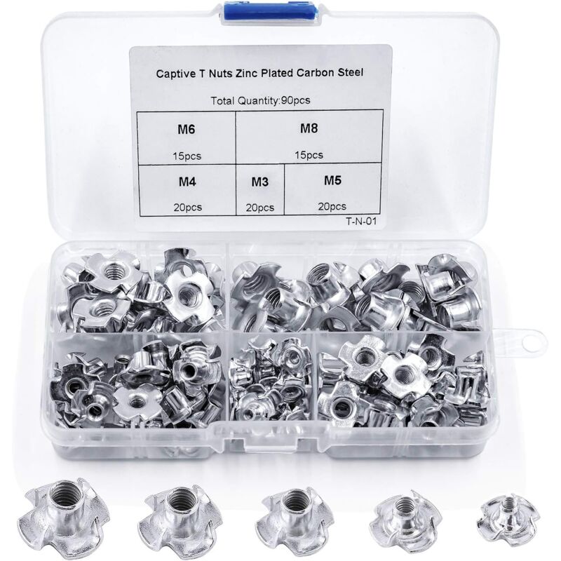 foto del prodotto rnemitery 90pcs dado a t a 4 punte, dadi a t in acciaio al carbonio, m3 m4 m5 m6 m8, lavorazione del legno mobili, inserti di dado a t in acciaio
