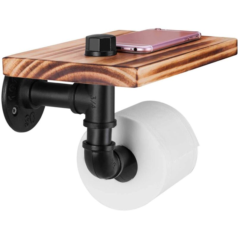 foto del prodotto rnemitery porta carta igienica industriale con ripiano in legno e tubo in ghisa porta carta igienica rustico a parete realizzato in tubo di ferro