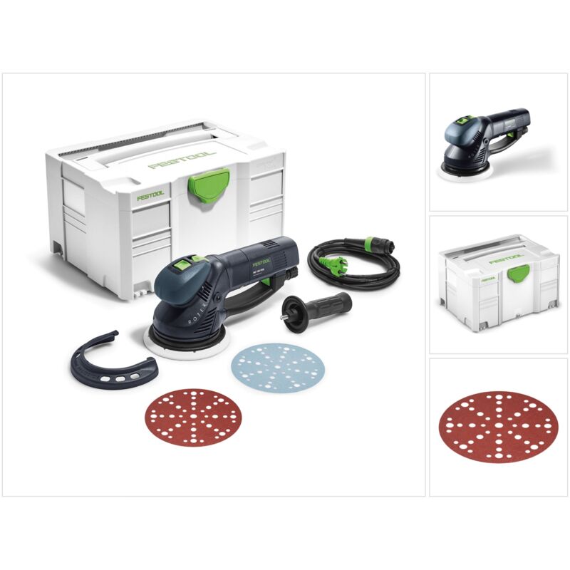 foto del prodotto ro 150 feq plus rotex levigatrice rotorbitale con riduttore 720w 5 mm di corsa 571805 in cassetta 50x dischi abrasivi p60 festool