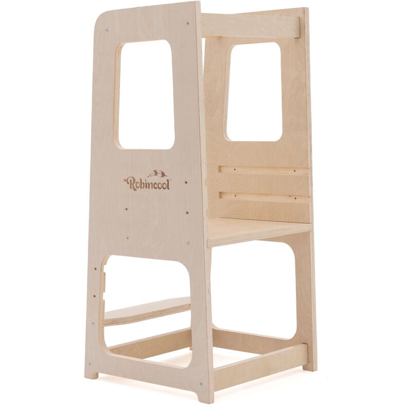 foto del prodotto robincool torre per apprendimento montessori evolutive 40x44x90 cm in legno eco con altezza regolabile e barra di sicurezza