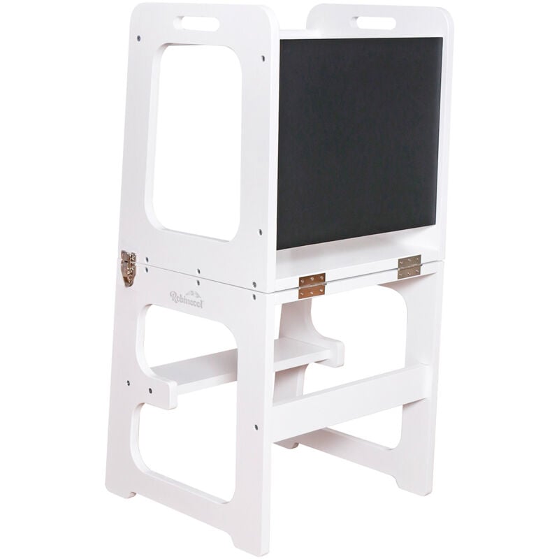 foto del prodotto robincool torre per apprendimento montessori evolutive ii bianca 43x40x86 cm barra di sicurezza, lavagna, scrivania