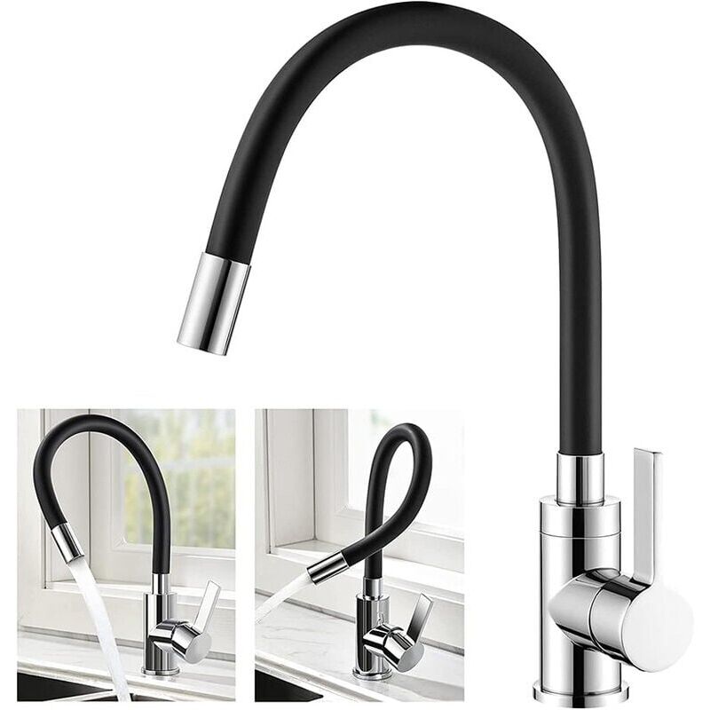 foto del prodotto robinet de cuisine flexible bec haut orientable librement mitigeur vier flexible laiton chrom et noir robinet evier monotrou à eau chaude et froide