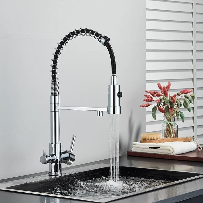 foto del prodotto robinet de cuisine ressort en spirale, robinet d vier avec douchette extensible, rotatif 360 avec deux sorties d eau bross e