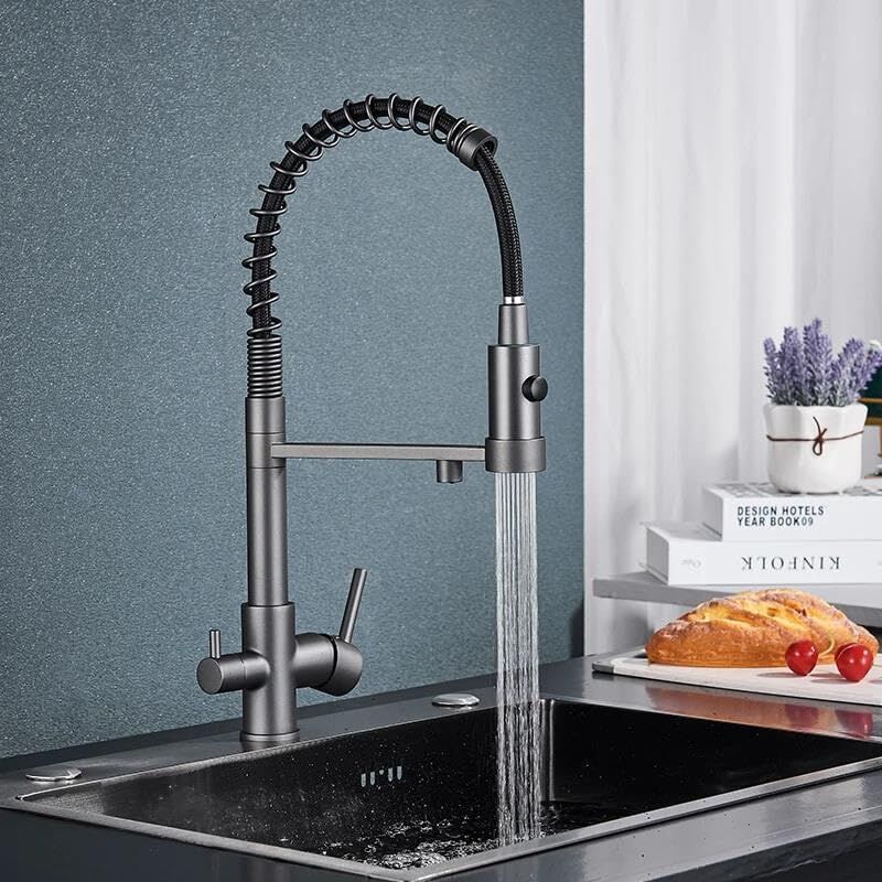 foto del prodotto robinet de cuisine ressort en spirale, robinet d vier avec douchette extensible, rotatif 360 avec deux sorties d eau grigio