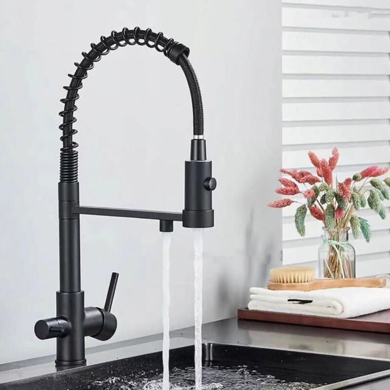foto del prodotto robinet de cuisine ressort en spirale, robinet d vier avec douchette extensible, rotatif 360 avec deux sorties d eau nero