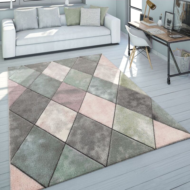foto del prodotto robusto tappeto a pelo corto per il soggiorno, colorato, in colori pastello con motivo a rombi e design 3d 60x110 cm paco home