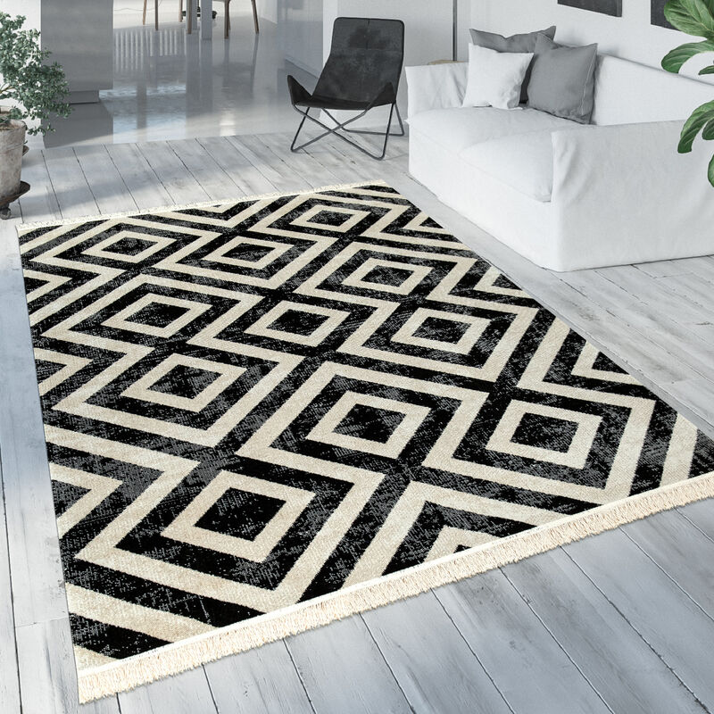 foto del prodotto robusto tappeto da esterno in bianco e nero per balcone o terrazza con design scandinavo e motivo a rombi 120x170 cm paco home