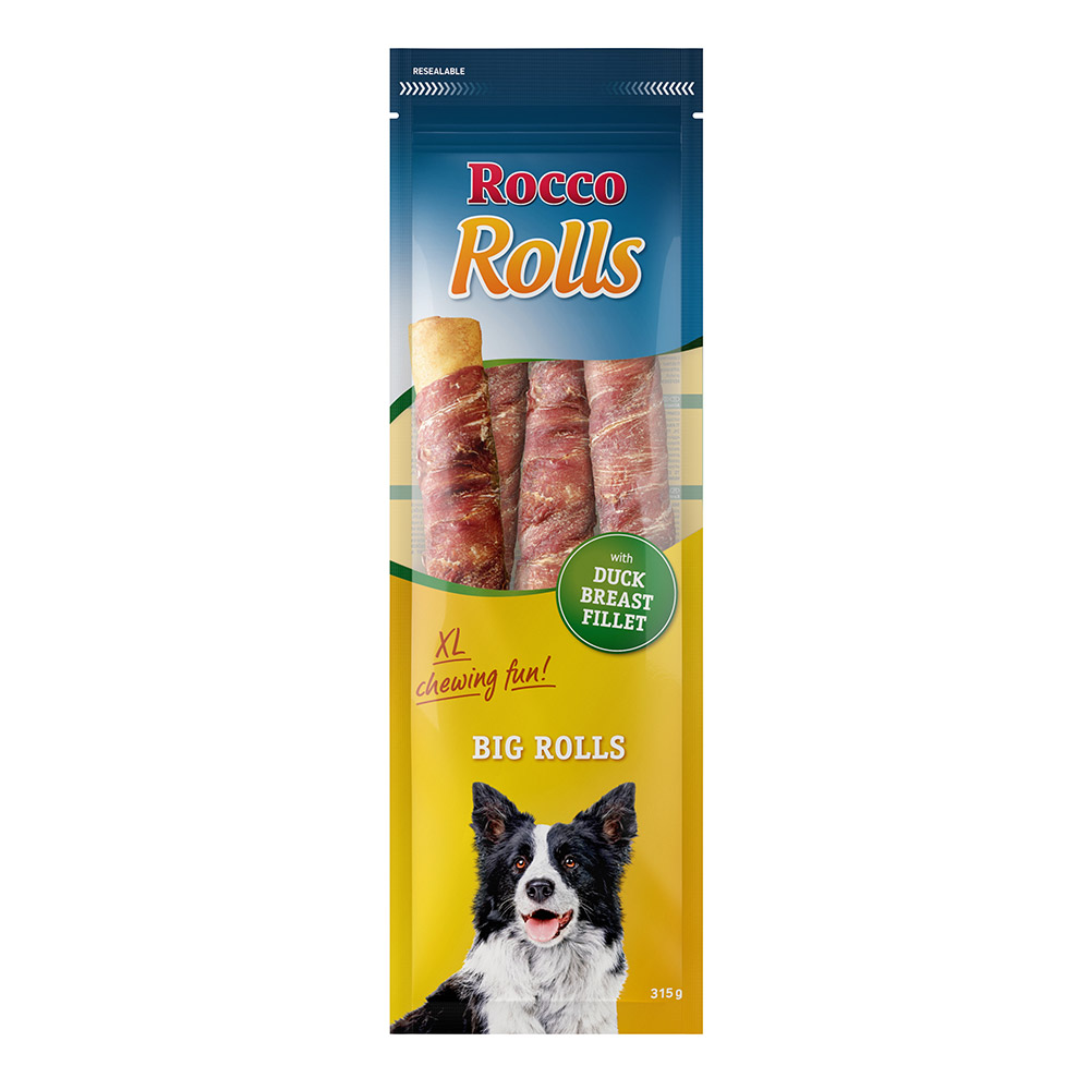 foto del prodotto rocco big rolls snack per cani 315 g con filetto di petto di anatra