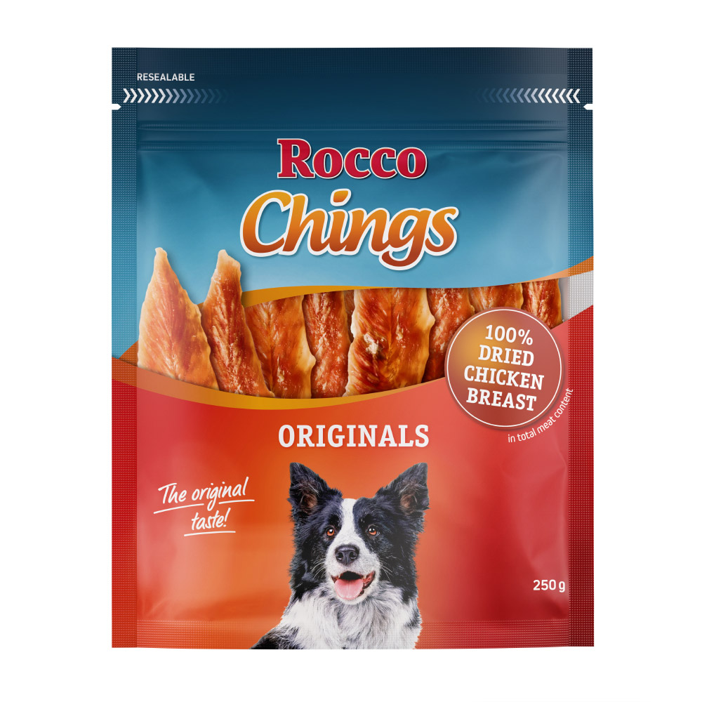 foto del prodotto rocco chings originals strisce da masticare 250 g petto di pollo disidratato