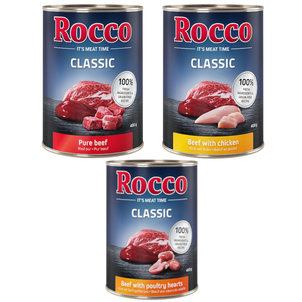foto del prodotto rocco classic 6 x 400 g alimento umido per cani mix top seller manzo puro, manzo con cuori di pollame, manzo con pollo