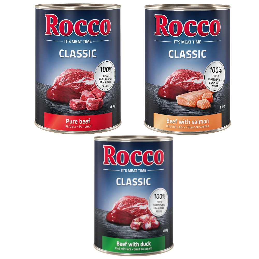 foto del prodotto rocco classic pacco misto 6 x 400 g umido per cane mix esclusivo manzo puro, manzo con salmone, manzo con anatra