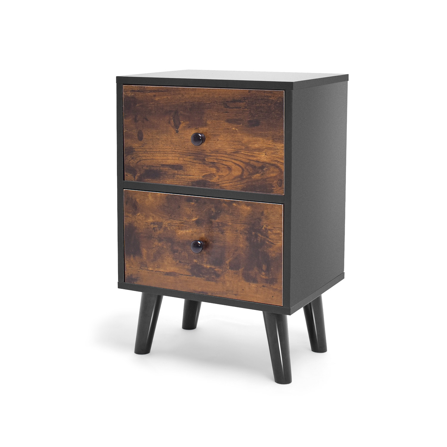 foto del prodotto rocco comodino da design in legno con 2 cassetti. comodino contemporaneo, tavolino da divano o scrivania in stile industrial con piedi in pegno di pino laccato.