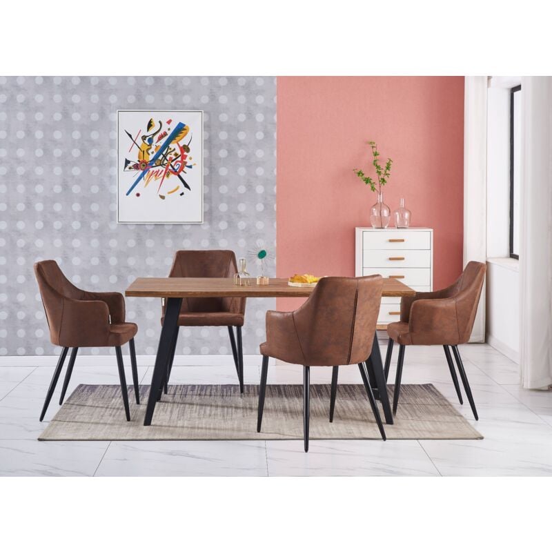 foto del prodotto rocco lux zarah dining set - un tavolo da pranzo in legno di quercia e un set di 4 sedie da pranzo in pelle marrone - sala da pranzo cucina