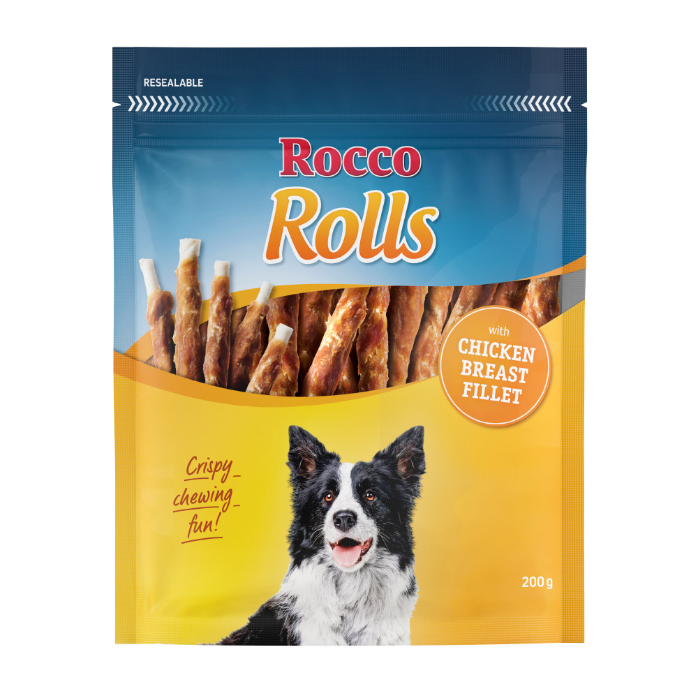 foto del prodotto rocco rolls rotolini da masticare 200 g con filetto di petto di pollo