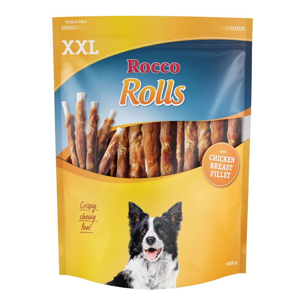foto del prodotto rocco rolls xxl rotolini da masticare snack per cani 1 kg con petto di pollo
