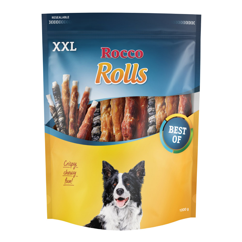 foto del prodotto rocco rolls xxl rotolini da masticare snack per cani - set 2 x 1 kg mix petto di pollo, petto di anatra, pesce