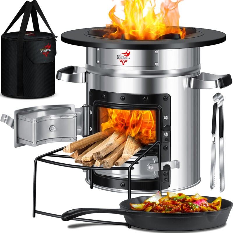 foto del prodotto rocket oven incl. padella per grigliare in ghisa con borsa per il trasporto dutch oven bbq rocket wood stove camping cooker camping grill acciaio