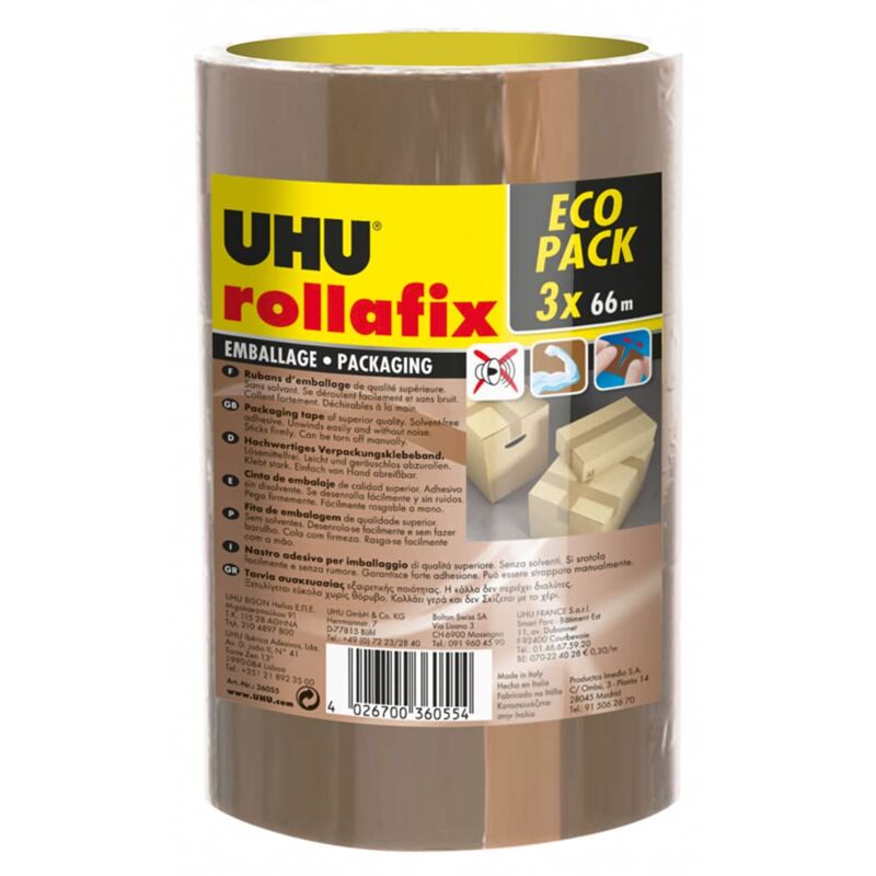 foto del prodotto rollafix nastri adesivi per imballaggio marrone, confezione da 3 nastri da 66 m x 50 mm uhu
