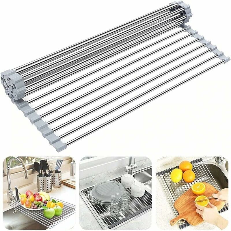 foto del prodotto rollup dish drying rack, 100 bpa free foldable sink dish rack ideal for fruits, vegetables, plate, silicone coated stainless steel 47x34cm, gray