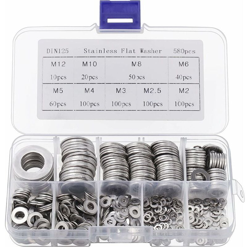 foto del prodotto rondella in acciaio inossidabile con scatola portaoggetti confezione da 580 assortimento di 9 misure m2, m2.5, m3, m4, m5, m6, m8, m10 e m12