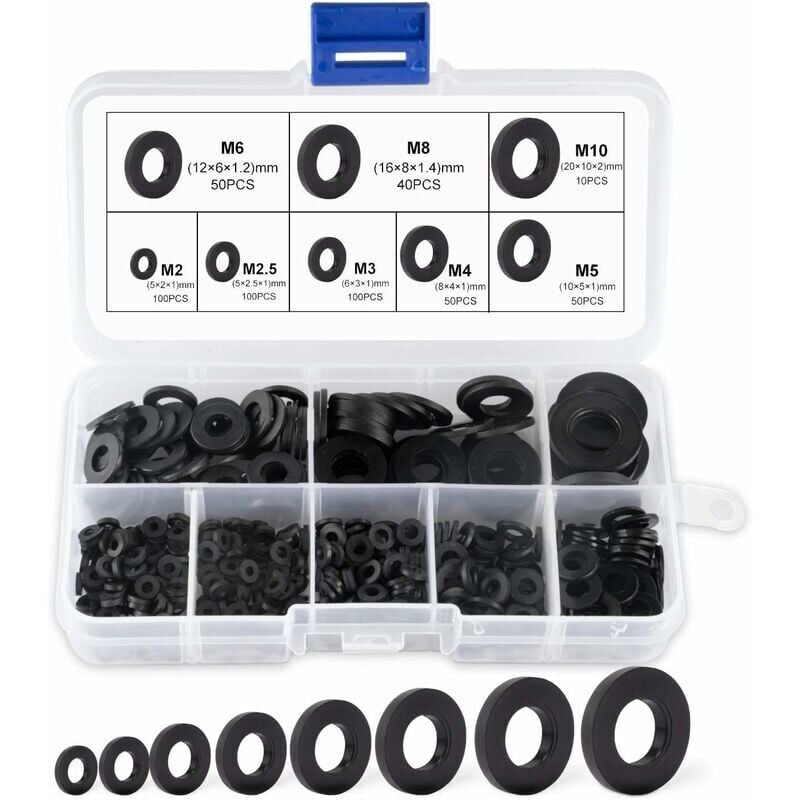 foto del prodotto rondella in plastica nera, rondella meccanica, classificazione rondella m2 m2.5 m3 m4 m5 m6 m8 m10 rondella meccanica 500 pezzi