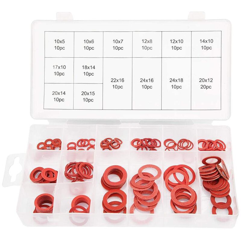 foto del prodotto rondelle akozon 150 pezzi 14 misure kit di rondelle piatte in fibra di carta e acciaio rosso set di rondelle isolanti con custodia e scatola