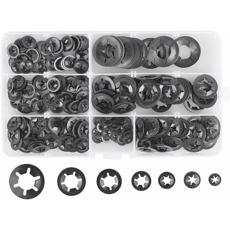 foto del prodotto rondelle elastiche in acciaio da 280 pezzi, rondelle elastiche a bloccaggio rapido m3 m4 m5 m6 m8 m10 m12, 7 misure, nere