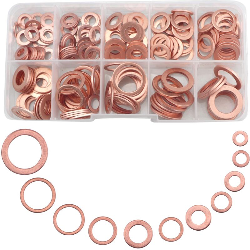 foto del prodotto rondelle in rame assortite da 300 pezzi, m5 m20, 12 diverse misure, kit di rondelle piatte in metallo per viti e bulloni, set di guarnizioni in rame