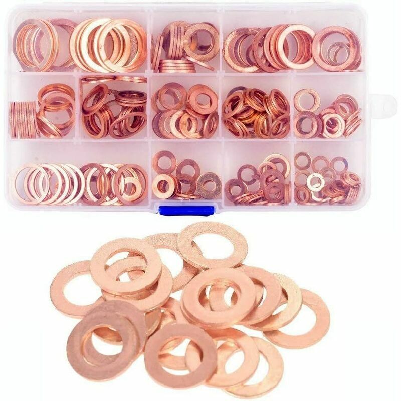 foto del prodotto rondelle in rame da 280 pezzi con 12 misure, rondelle piatte in rame, guarnizione a forma di o, anello di tenuta dell olio con scatola di