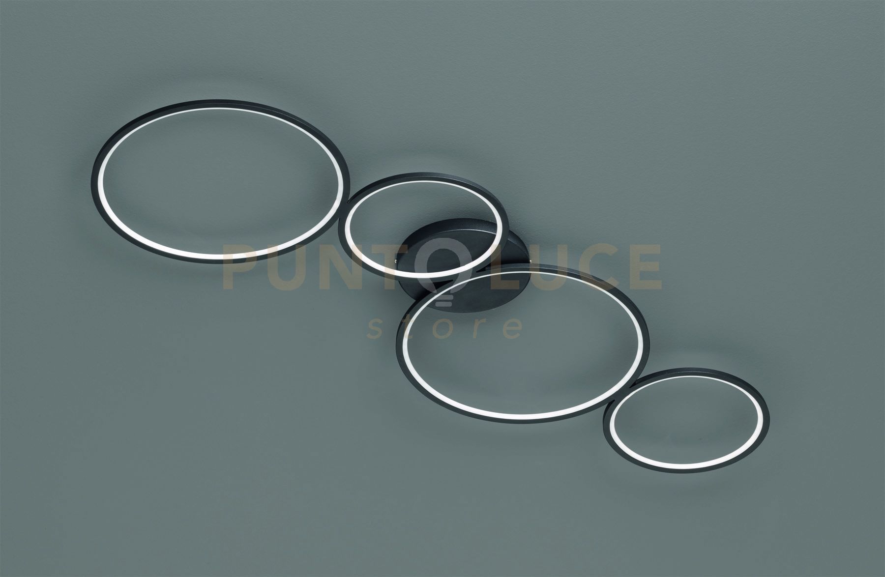 foto del prodotto rondo plafoniera led 37w 4800lm, 3000k 4 cerchi metallo nero opaco dimmerabile con interruttore a parete l. 97cm