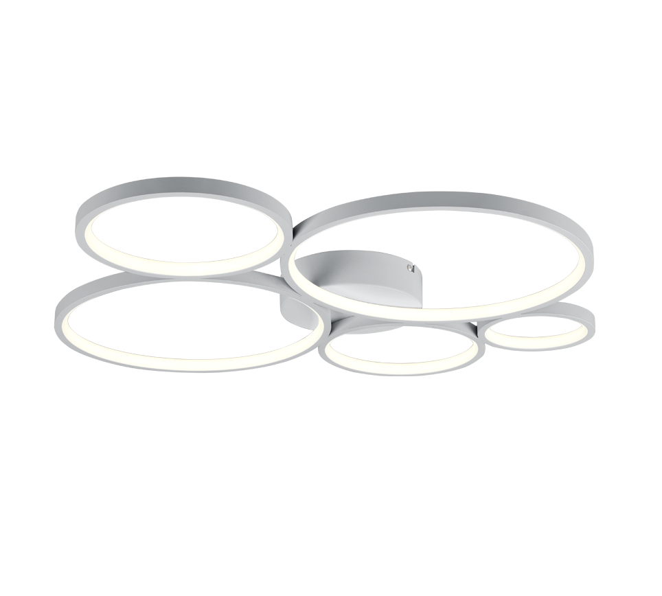 foto del prodotto rondo plafoniera led 49w 5800lm, 3000k 5 cerchi metallo bianco opaco dimmerabilecon interruttore a parete l. 59cm
