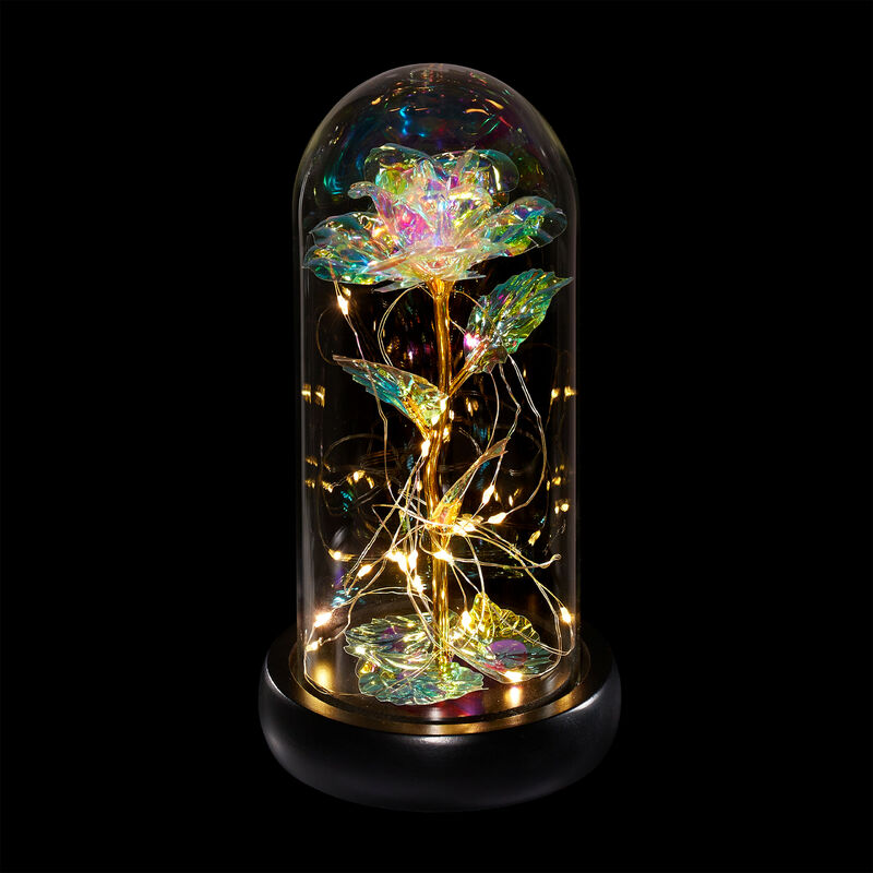 foto del prodotto rosa eterna, campana di vetro con catena di luci led, cupola con fiore perenne, idea regalo mamma, colorato relaxdays