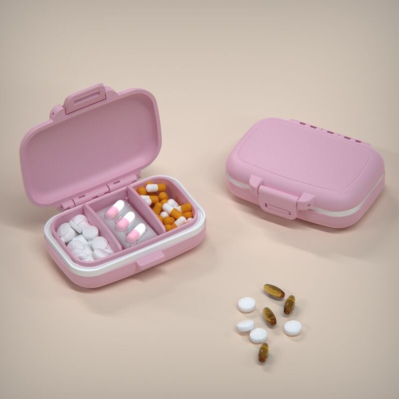 foto del prodotto rosa piccolo portapillole con 3 scomparti, portapillole portatile, portapillole a prova di umidità, portapillole con dispenser di vitamine per