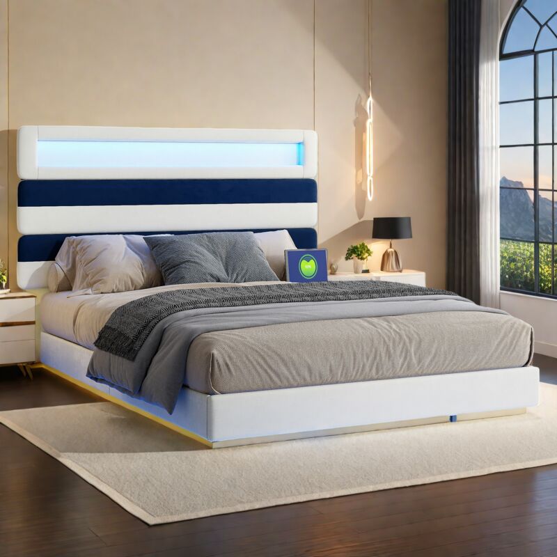 foto del prodotto rosahqnda letto matrimoniale imbottito, esclusiva struttura sospesa a led con porta di ricarica usb, testiera dal design geometrico moderno, 140 x