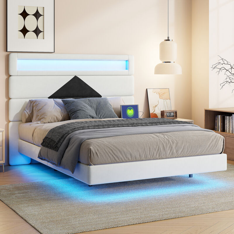 foto del prodotto rosahqnda letto matrimoniale imbottito, esclusiva struttura sospesa a led con porta di ricarica usb, testiera dal design geometrico moderno, 140 x