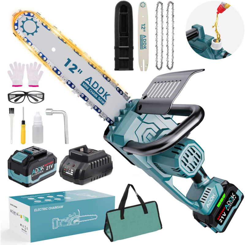 foto del prodotto rosahqnda motosega da 12 pollici, con 1 batteria, motore brushless da 21 v, oliatore automatico