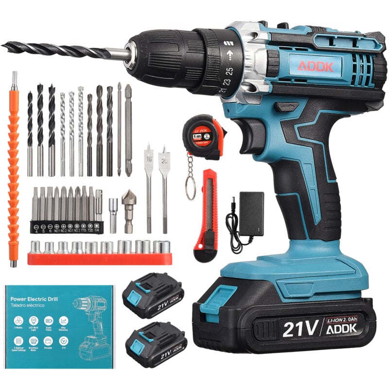 foto del prodotto rosahqnda trapano elettrico a batteria, 21 v, due batterie da 1,5 ah, 37 accessori, motore a spazzole