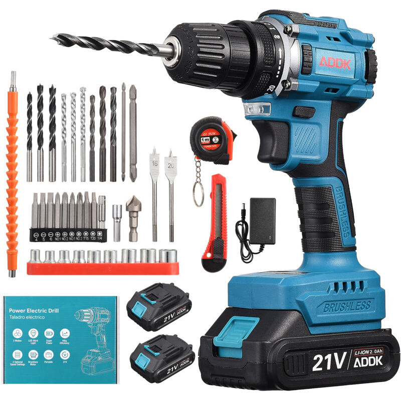 foto del prodotto rosahqnda trapano elettrico a batteria, 21 v, due batterie da 2,0 ah, 37 accessori, motore brushless