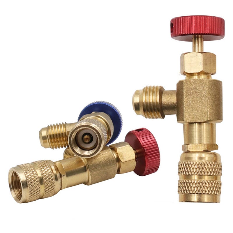 foto del prodotto rosfix valvola per il riempimento di sistemi di refrigerazione per refrigerante r32 fondo r410, lato r410 rosso