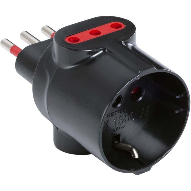 foto del prodotto rosi adattatore triplo spina 10a, presa 10a e presa schuko 16a nero rs7704n