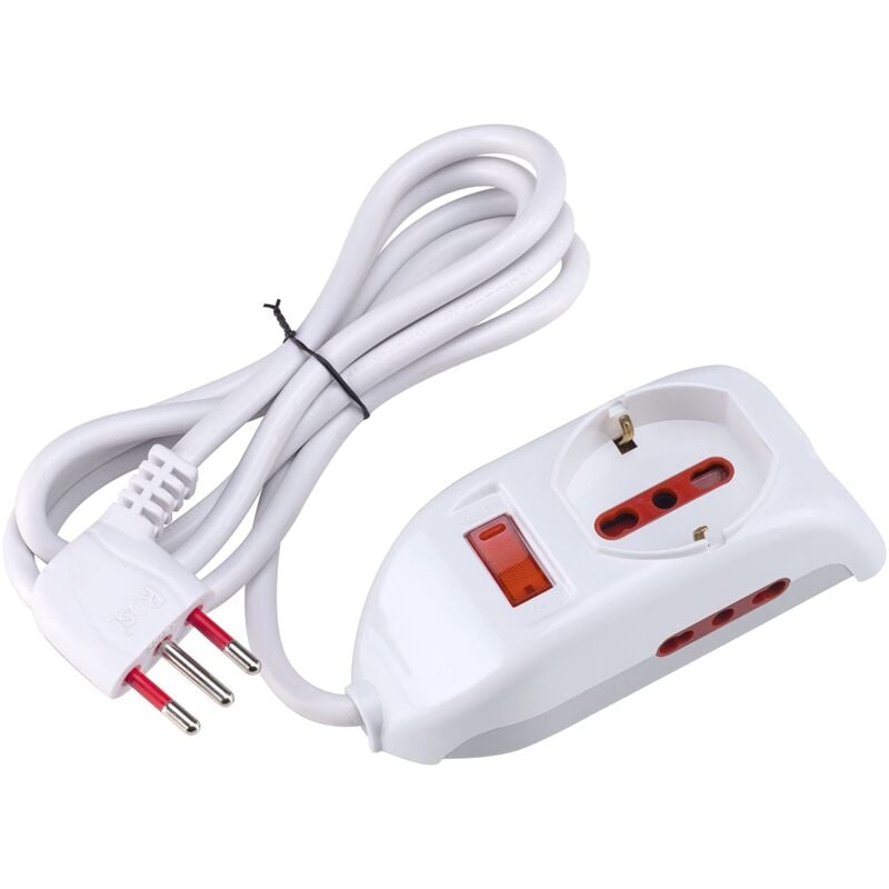 foto del prodotto rosi - multipresa con spina 10a piegata a 90 , 1 presa bipasso/schuko 10a/16a e 2 prese bipasso 10a/16a, cavo 1,5 metri, con interruttore, bianco,