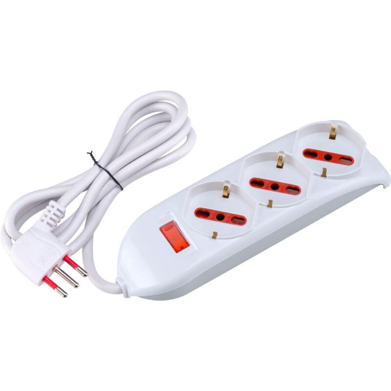 foto del prodotto rosi multipresa con spina 10a piegata a 90 , 3 prese bipasso schuko 10a 16a, cavo 1,5 metri, con interruttore, bianco, serie emilia rs94001t