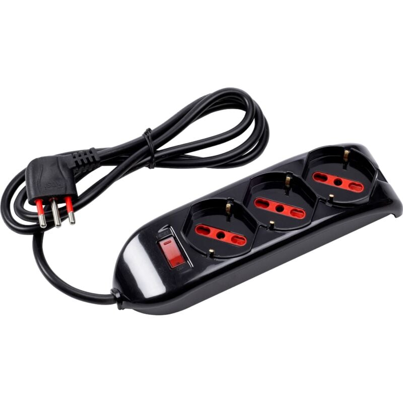 foto del prodotto rosi multipresa con spina 10a piegata a 90 , 3 prese bipasso schuko 10a 16a, cavo 1,5 metri, con interruttore, nero, serie emilia rs94002t