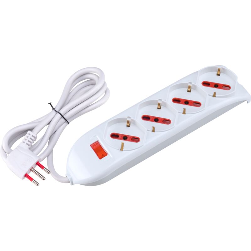 foto del prodotto rosi multipresa con spina 10a piegata a 90 , 4 prese bipasso schuko 10a 16a, cavo 1,5 metri, con interruttore, bianco, serie emilia rs94060t