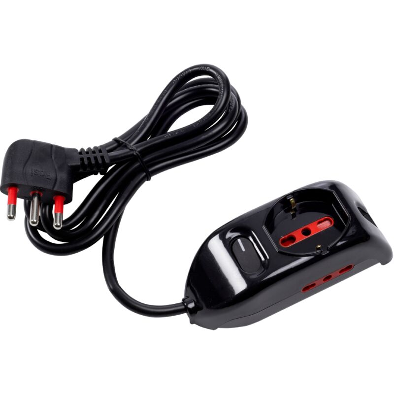 foto del prodotto rosi multipresa con spina 16a piegata a 90 , 1 presa schuko 10a 16a e 2 prese 10a 16a, cavo 1,5 metri, con interruttore, nero, serie emilia rs94004