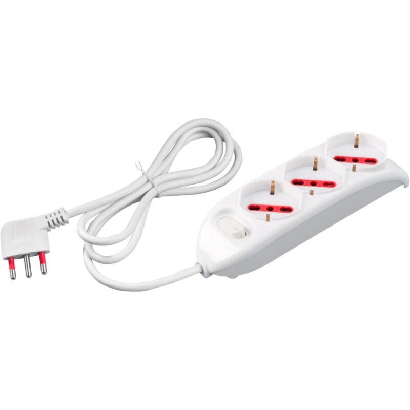foto del prodotto rosi multipresa con spina 16a piegata a 90 , 3 prese bipasso schuko 10a 16a, cavo 1,5 metri, con interruttore, bianco, serie emilia rs94001