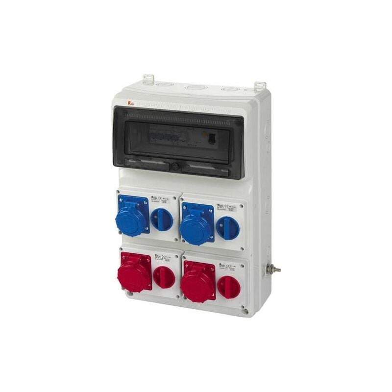 foto del prodotto rosi quadro asc fisso, 12kw 400v, ip65, 2 prese interbloccate 2p t 16a e 2 prese 3p t 16a, con magnetotermico, differenziale generale e pulsante di